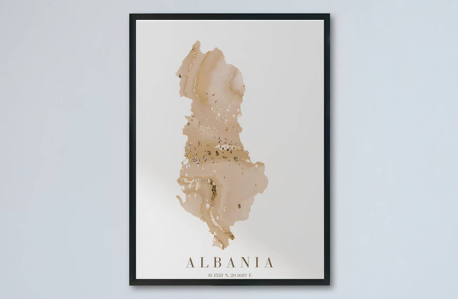 Artistic alcohol ink country outline of Albania presented in beige and gold shades for striking neutral home interior accents and focal points. Offered by MapYourDreams, this artwork is available in flexible options including unframed paper, custom wooden frames, and gallery canvas wraps.