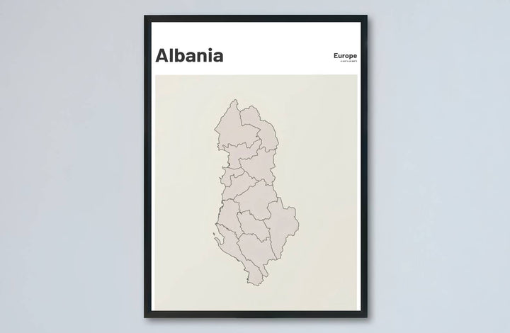 Artistic line outline of Albania presented in soft greige and cream shades for striking neutral home interior aesthetics and curated focal points. Offered by MapYourDreams, this artwork is available in flexible options including unframed paper, custom wooden frames, and gallery canvas wraps.