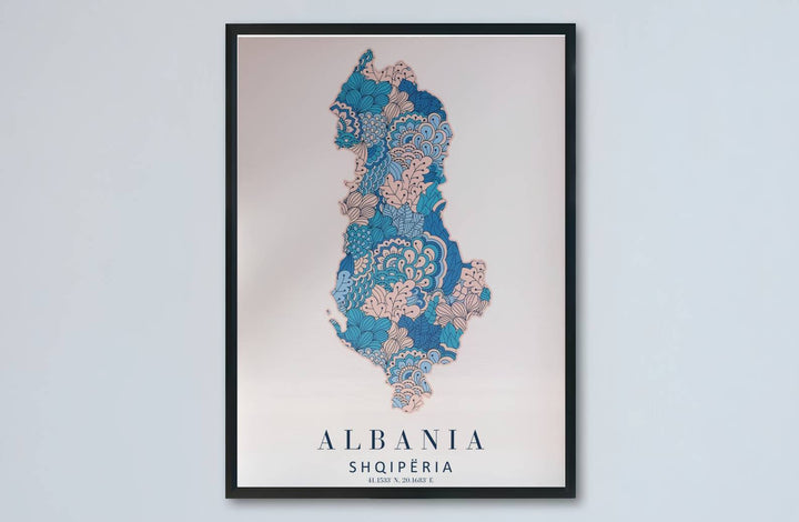 Artistic floral country outline of Albania presented in blue and pink shades for striking home interior accents and curated focal points. Offered by MapYourDreams, this artwork is available in flexible options including unframed paper, custom wooden frames, and gallery canvas wraps.
