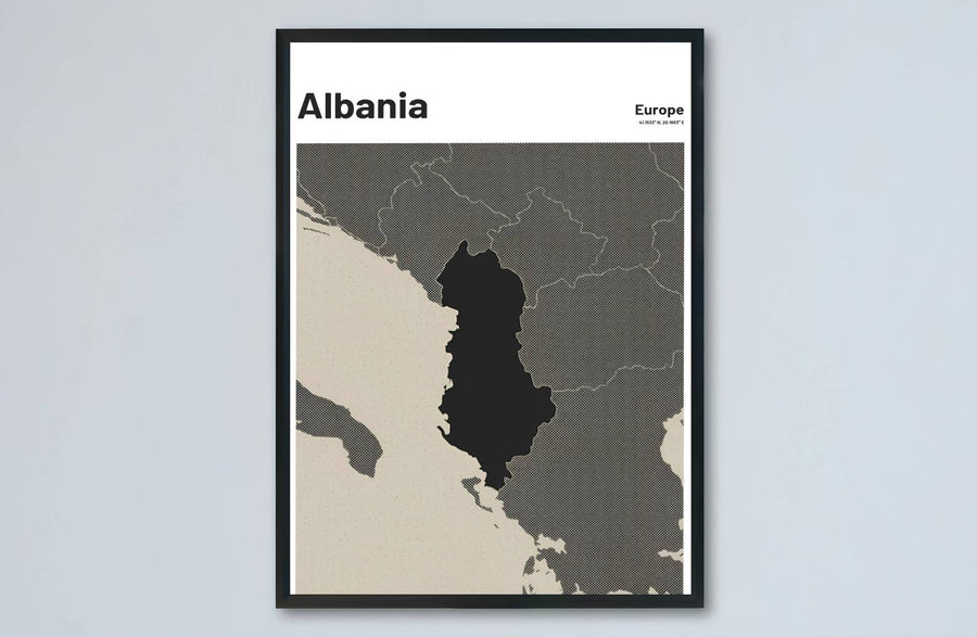 Artistic charcoal country outline of Albania presented in dark grey shades for striking modern home interior accent walls and focal points. Offered by MapYourDreams, this artwork is available in flexible options including unframed paper, custom wooden frames, and gallery canvas wraps.