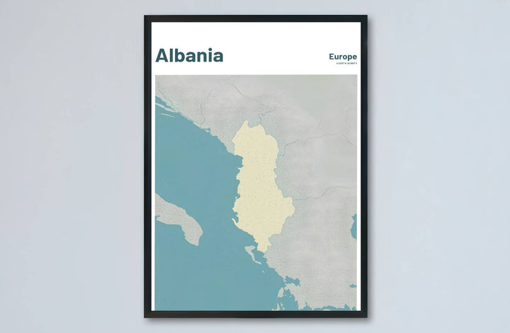 Artistic teal country outline of Albania presented in soft coastal shades for striking modern home interior accent walls and gallery focal points. Offered by MapYourDreams, this artwork is available in flexible options including unframed paper, custom wooden frames, and gallery canvas wraps.