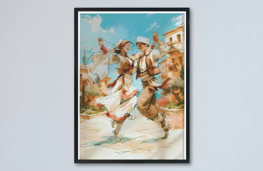 Artistic couple outline of Albanian dancers presented in crimson, white, and gold shades for striking home interior accents and cultural displays. Offered by MapYourDreams, this artwork is available in flexible options including unframed paper, custom wooden frames, and gallery canvas wraps.