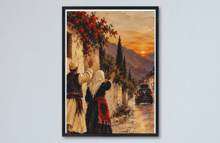 Artistic portrait of an Albanian couple waving goodbye presented in golden orange, crimson, and charcoal shades for striking home interior focal points. Offered by MapYourDreams, this artwork is available in flexible options including unframed paper, custom wooden frames, and gallery canvas wraps.