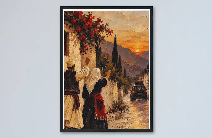 Artistic portrait of an Albanian couple waving goodbye presented in golden orange, crimson, and charcoal shades for striking home interior focal points. Offered by MapYourDreams, this artwork is available in flexible options including unframed paper, custom wooden frames, and gallery canvas wraps.