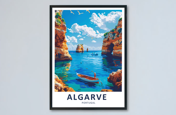 Sunny Mediterranean coastal vibes shine in this Algarve wall art illustrating Benagil sea caves, golden cliffs, and turquoise Atlantic waters. Complete your room setup with a stretched canvas print, framed decor, or unframed poster.