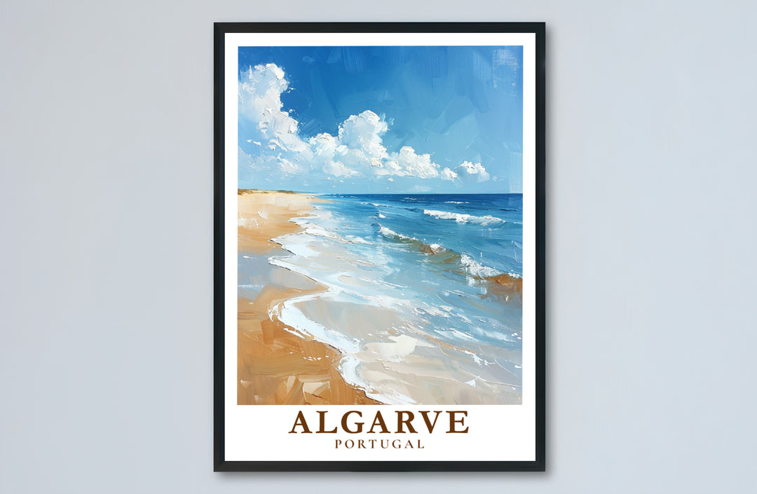 Warm sunlight reflects off wet sand and rolling waves in this peaceful Algarve Beach, Portugal poster print. MapYourDreams provides stylish framed, unframed, and canvas options for designing bright living room decor.