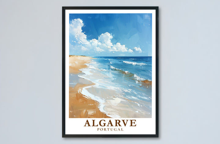 Warm sunlight reflects off wet sand and rolling waves in this peaceful Algarve Beach, Portugal poster print. MapYourDreams provides stylish framed, unframed, and canvas options for designing bright living room decor.
