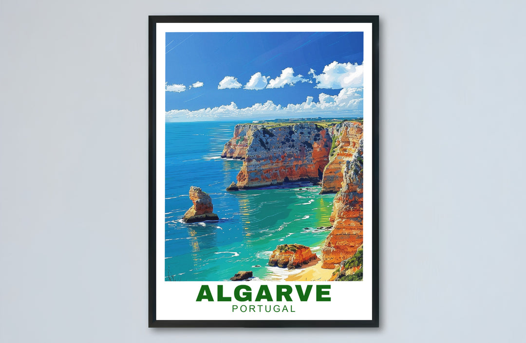 Coastal cliff formations and clean European travel typography highlight this Algarve Cliffs, Portugal print. Select high-grade framed, unframed, and canvas options at MapYourDreams to enhance entryway wall decor.