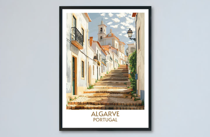 Warm sunlight casts soft shadows across cobblestone steps in this peaceful Faro Old Town, Portugal poster print. MapYourDreams provides stylish framed, unframed, and canvas options for designing bright living room decor.