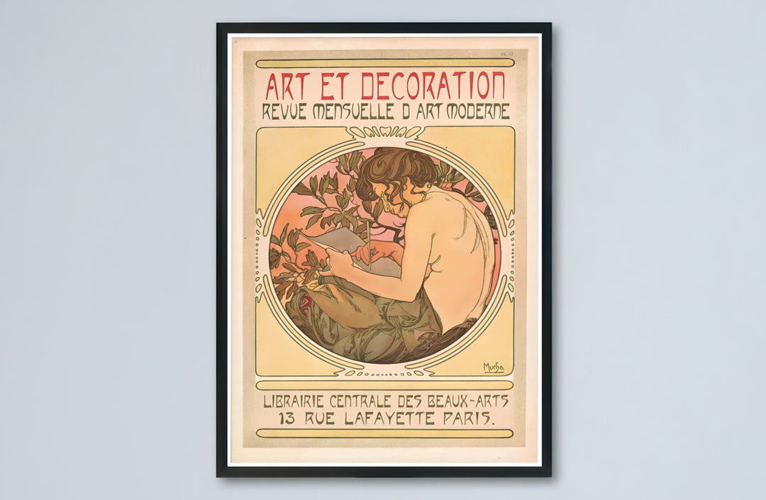Bohemian French artist maiden canvas print showcasing Art Et Decoration vintage artwork by artist Alphonse Mucha set at 13 Rue Lafayette Paris. Buy high-definition framed, unframed, and canvas poster prints directly from MapYourDreams.