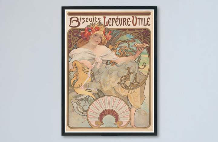 Bohemian French maiden canvas print showcasing Biscuits Lefevre Utile vintage artwork by artist Alphonse Mucha set in Nantes France. Buy high-definition framed, unframed, and canvas poster prints directly from MapYourDreams.