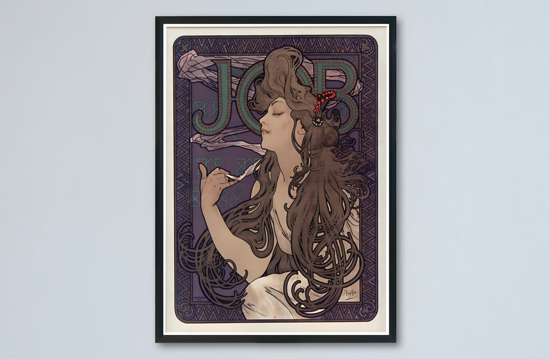 Historic French travel print JOB Cigarette Papers by artist Alphonse Mucha with authentic signature details reflecting Art Nouveau heritage in Paris France. Select premium framed, unframed, and canvas wall decor options at MapYourDreams.