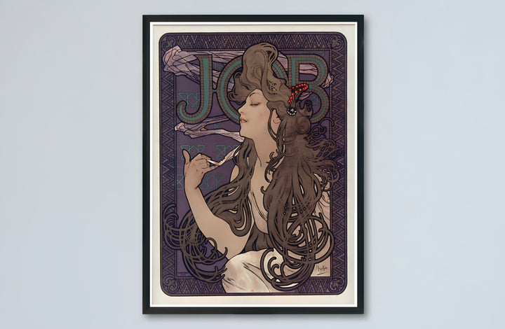 Historic French travel print JOB Cigarette Papers by artist Alphonse Mucha with authentic signature details reflecting Art Nouveau heritage in Paris France. Select premium framed, unframed, and canvas wall decor options at MapYourDreams.