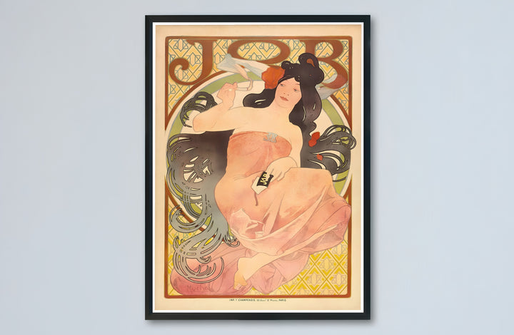 Bohemian French maiden canvas print showcasing JOB Cigarette Papers vintage artwork by artist Alphonse Mucha set at Boulevard Saint-Michel Paris. Buy high-definition framed, unframed, and canvas poster prints directly from MapYourDreams.