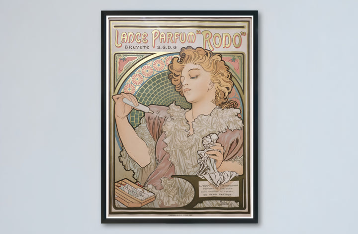 Romantic French lady canvas print showcasing Lance Parfum Rodo vintage artwork by artist Alphonse Mucha set in Paris France. Buy high-definition framed, unframed, and canvas poster prints directly from MapYourDreams.