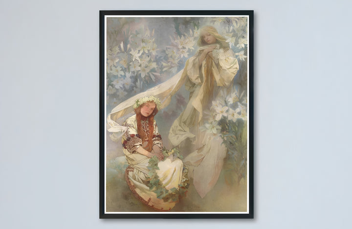 Angelic Virgin Mary canvas print showcasing Madonna Of The Lilies vintage artwork by artist Alphonse Mucha set in Prague Bohemia. Buy high-definition framed, unframed, and canvas poster prints directly from MapYourDreams.