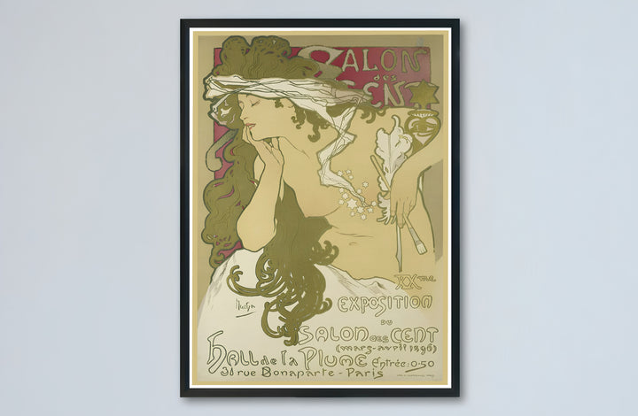 Art Nouveau muse portrait canvas print displaying Salon Des Cent artwork by artist Alphonse Mucha set at 31 Rue Bonaparte Paris. Buy high-definition framed, unframed, and canvas poster prints directly from MapYourDreams.