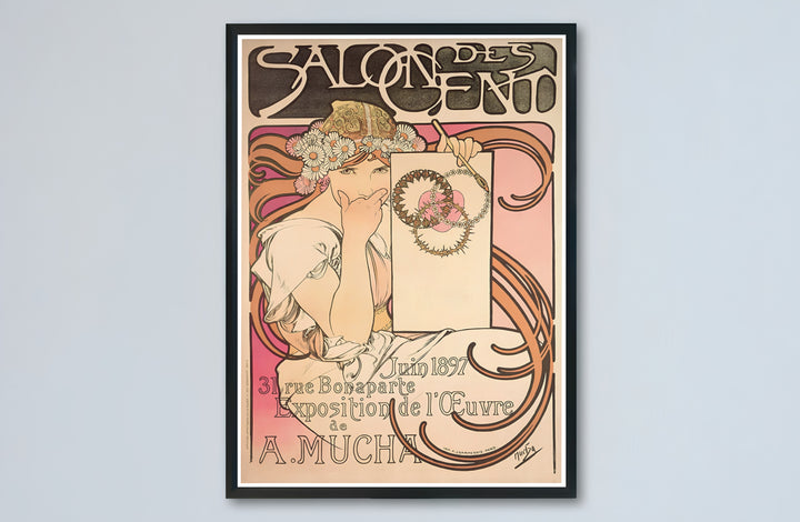 Art Nouveau maiden portrait canvas print displaying Salon Des Cent artwork by artist Alphonse Mucha set at 31 Rue Bonaparte Paris. Buy high-definition framed, unframed, and canvas poster prints directly from MapYourDreams.