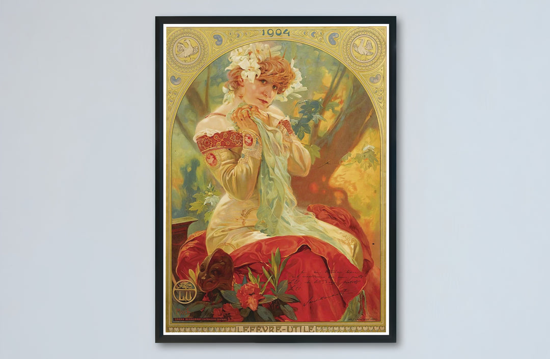 Art Nouveau maiden portrait canvas print of Sarah Bernhardt by artist Alphonse Mucha in Paris France, showcasing quality unframed paper, stretched canvas, and decorative framed choices at MapYourDreams.