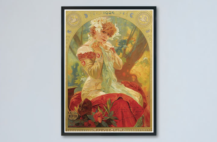 Art Nouveau maiden portrait canvas print of Sarah Bernhardt by artist Alphonse Mucha in Paris France, showcasing quality unframed paper, stretched canvas, and decorative framed choices at MapYourDreams.