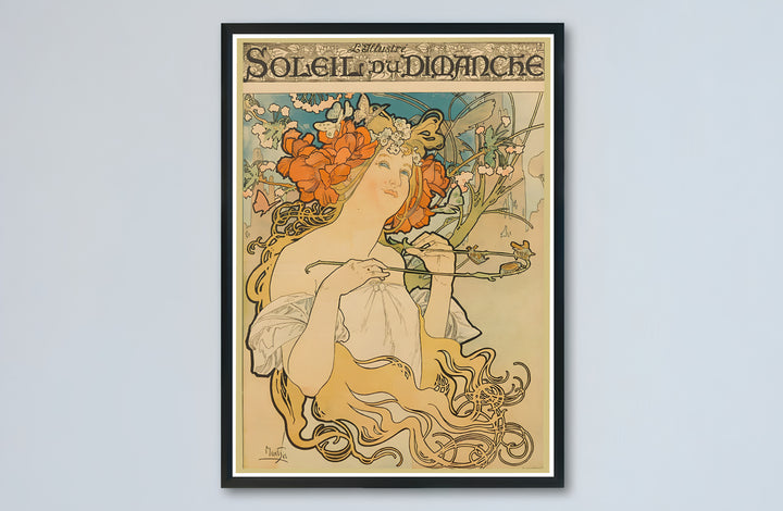 Bohemian French maiden canvas print showcasing Soleil Du Dimanche vintage artwork by artist Alphonse Mucha set in Paris. Buy high-definition framed, unframed, and canvas poster prints directly from MapYourDreams.