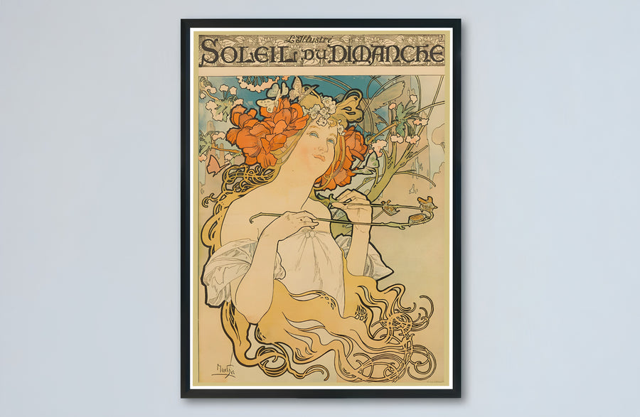 Bohemian French maiden canvas print showcasing Soleil Du Dimanche vintage artwork by artist Alphonse Mucha set in Paris. Buy high-definition framed, unframed, and canvas poster prints directly from MapYourDreams.
