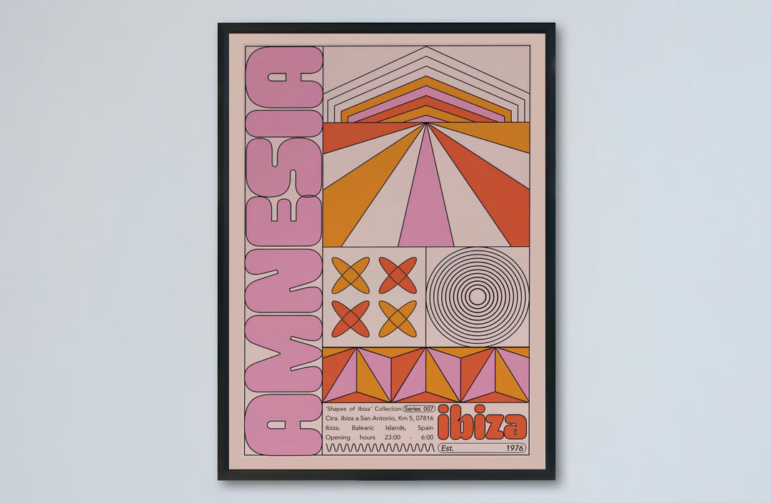 Amnesia Ibiza club poster capturing warm terracotta, pink, and yellow geometric art inspired by Balearic dance music culture, offered by MapYourDreams with catalog selections for an unframed matte paper poster, a durable gallery wrapped canvas, or a custom frame for DJ room wall styling.