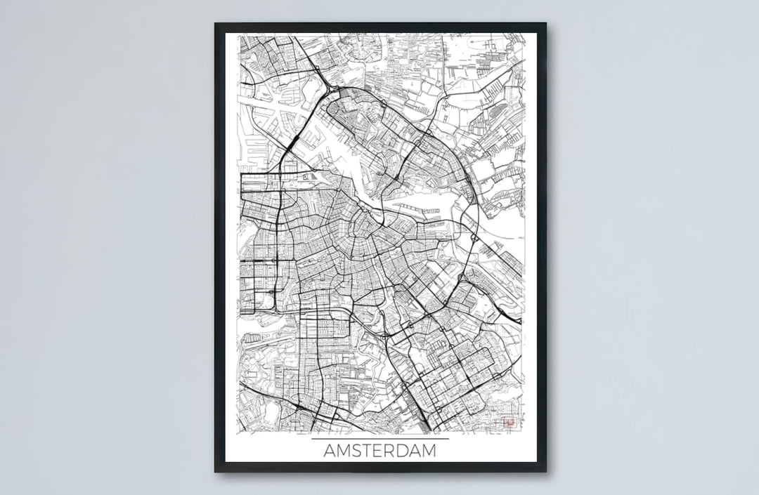 Amsterdam city map poster capturing the intricate web of roads, bridges, and waterways across the Dutch capital, offered by MapYourDreams as an unframed matte paper poster, a durable gallery wrapped canvas, or a selection of custom frames for study room decoration.