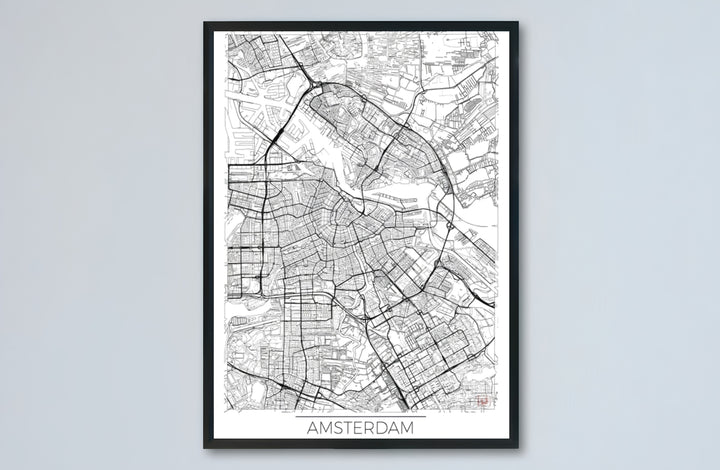 Amsterdam city map poster capturing the intricate web of roads, bridges, and waterways across the Dutch capital, offered by MapYourDreams as an unframed matte paper poster, a durable gallery wrapped canvas, or a selection of custom frames for study room decoration.