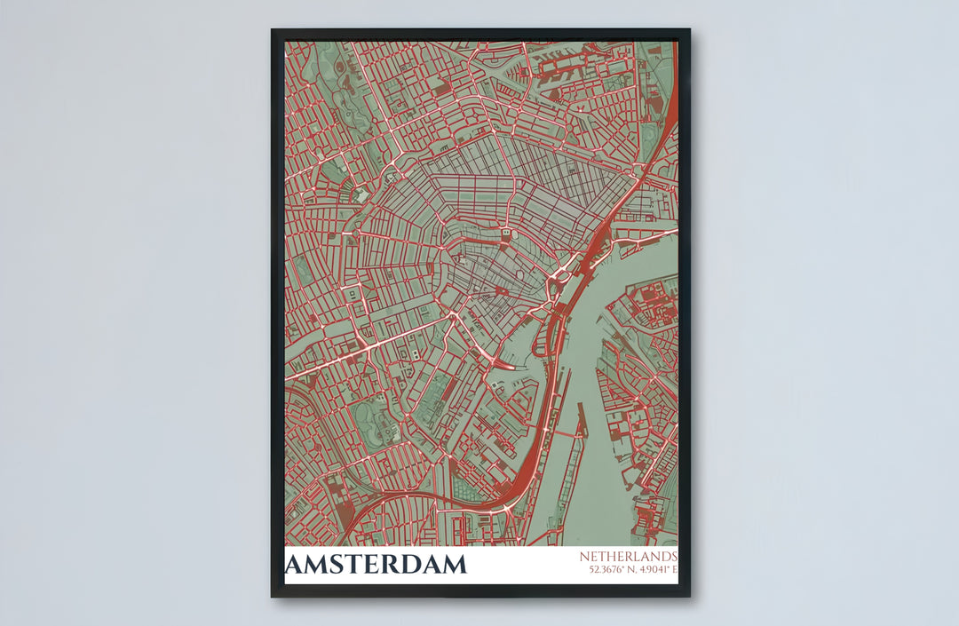 Amsterdam city map poster capturing the web of roads, bridges, and waterways across the Dutch capital in earthy tones, offered by MapYourDreams as an unframed matte paper poster, a durable gallery wrapped canvas, or a selection of custom frames for dining room decoration.