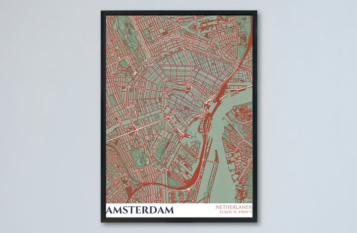 Amsterdam city map poster capturing the web of roads, bridges, and waterways across the Dutch capital in earthy tones, offered by MapYourDreams as an unframed matte paper poster, a durable gallery wrapped canvas, or a selection of custom frames for dining room decoration.