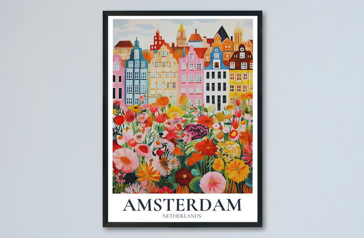 Amsterdam floral garden poster capturing pastel architecture and vibrant botanical fields across the Dutch capital, offered by MapYourDreams as an unframed matte paper poster, a durable gallery wrapped canvas, or a selection of custom frames for kitchen and dining area decoration.