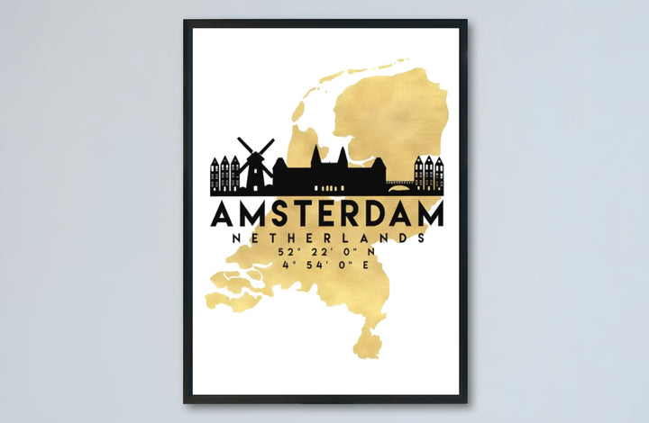 Amsterdam gold map poster capturing the country silhouette of the Netherlands alongside iconic windmills and gable buildings, offered by MapYourDreams as an unframed matte paper poster, a durable gallery wrapped canvas, or a selection of custom frames for study room decoration.