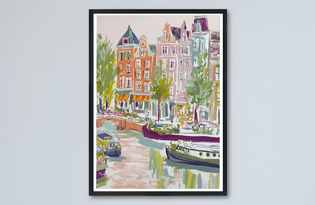 Amsterdam pastel canal poster capturing houseboats, leafy trees, and historic architecture across the Dutch capital, offered by MapYourDreams as an unframed matte paper poster, a durable gallery wrapped canvas, or a selection of custom frames for dining room decoration.