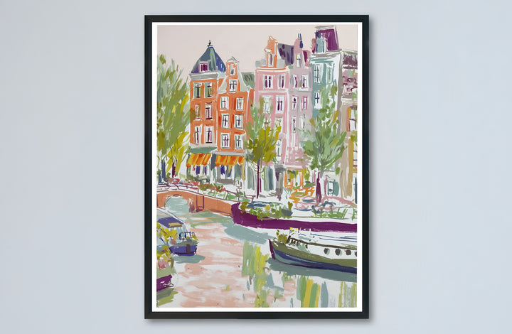 Amsterdam pastel canal poster capturing houseboats, leafy trees, and historic architecture across the Dutch capital, offered by MapYourDreams as an unframed matte paper poster, a durable gallery wrapped canvas, or a selection of custom frames for dining room decoration.