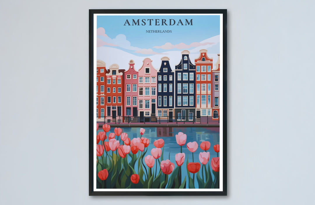 Amsterdam pink tulips poster capturing historic canal facades and vibrant spring blooms, offered by MapYourDreams as an unframed matte paper poster, a durable gallery wrapped canvas, or a selection of custom frames for kitchen and dining room wall styling.