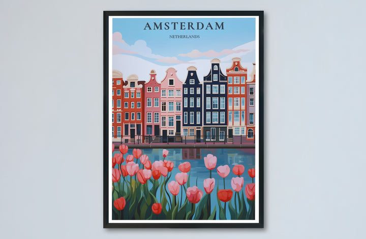 Amsterdam pink tulips poster capturing historic canal facades and vibrant spring blooms, offered by MapYourDreams as an unframed matte paper poster, a durable gallery wrapped canvas, or a selection of custom frames for kitchen and dining room wall styling.