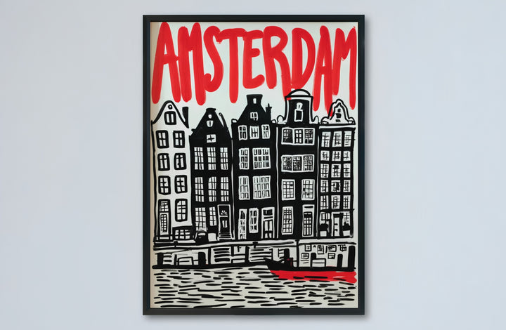 Amsterdam linocut canal poster capturing historic facades and water reflections in bold contrast, offered by MapYourDreams as an unframed matte paper poster, a durable gallery wrapped canvas, or a selection of custom frames for dining room and hallway wall styling.