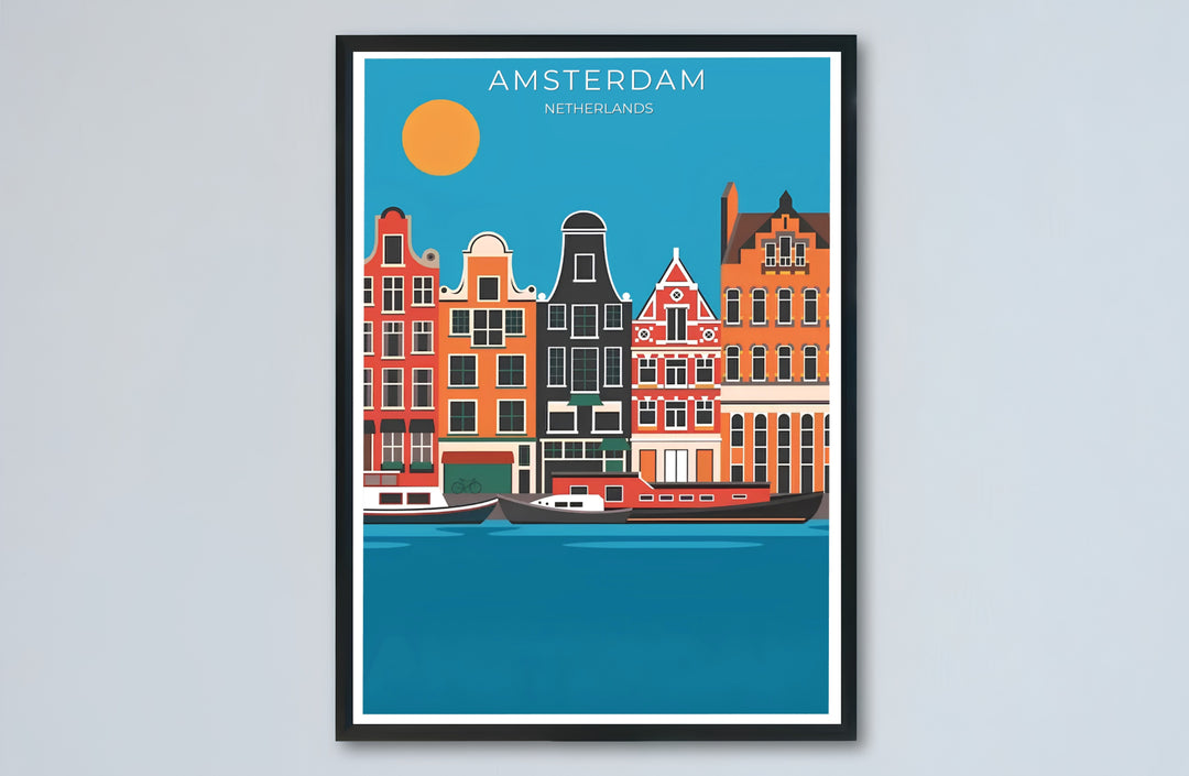 European vector illustration showcasing Amsterdam Netherlands townhouses fronted by calm teal canal water, presented by MapYourDreams with options for unframed poster prints, museum wrapped canvas, or personalized custom frame finishes in natural wood, pure gold, and bronze.