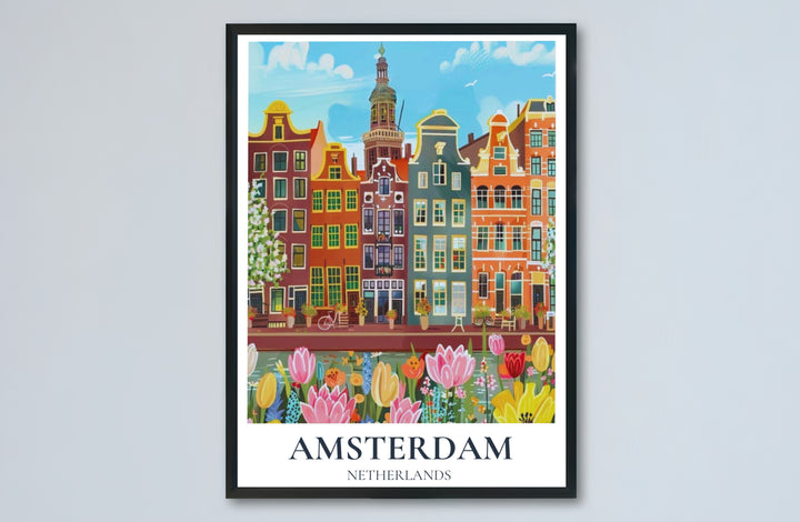 Amsterdam spring canal poster capturing historic gabled houses and lush tulip blooms under a light blue sky, offered by MapYourDreams as an unframed matte paper poster, a durable gallery wrapped canvas, or a selection of custom frames for living room and entryway wall styling.