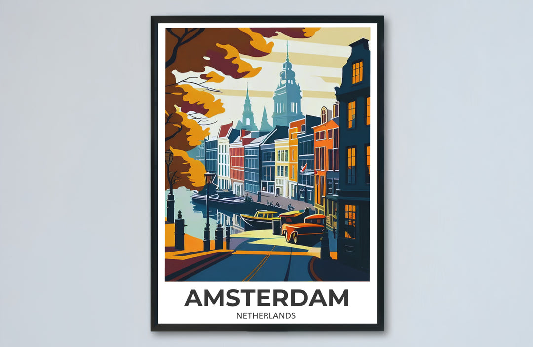 Amsterdam travel poster capturing historic gabled houses and church spires under a layered amber sky, offered by MapYourDreams with catalog selections for an unframed matte paper poster, a durable gallery wrapped canvas, or a custom frame for living room and hallway wall styling.