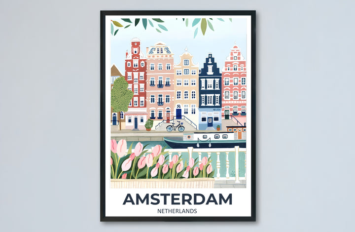 Amsterdam tulip canal poster capturing historic gabled houses and delicate pink blossoms under a soft sky, offered by MapYourDreams with catalog selections for an unframed matte paper poster, a durable gallery wrapped canvas, or a custom frame for bedroom and hallway wall styling.