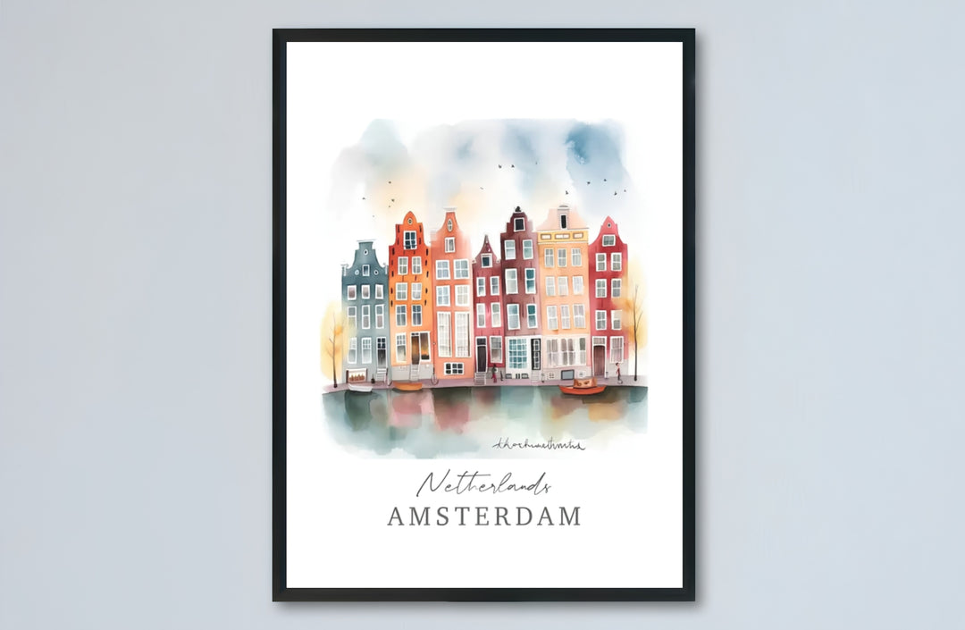 Amsterdam watercolor canal poster capturing historic gabled houses and subtle sky washes above the waterfront, offered by MapYourDreams with catalog selections for an unframed matte paper poster, a durable gallery wrapped canvas, or a custom frame for hallway wall styling.