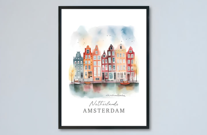 Amsterdam watercolor canal poster capturing historic gabled houses and subtle sky washes above the waterfront, offered by MapYourDreams with catalog selections for an unframed matte paper poster, a durable gallery wrapped canvas, or a custom frame for hallway wall styling.