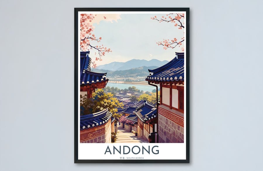 Complete East Asian vector poster of Andong, South Korea, capturing the harmony of traditional Hanok dwellings, flowing river waters, and blooming sakura trees. Offered by MapYourDreams, this artwork is available in flexible options including unframed paper, custom wooden frames, and gallery canvas wraps.