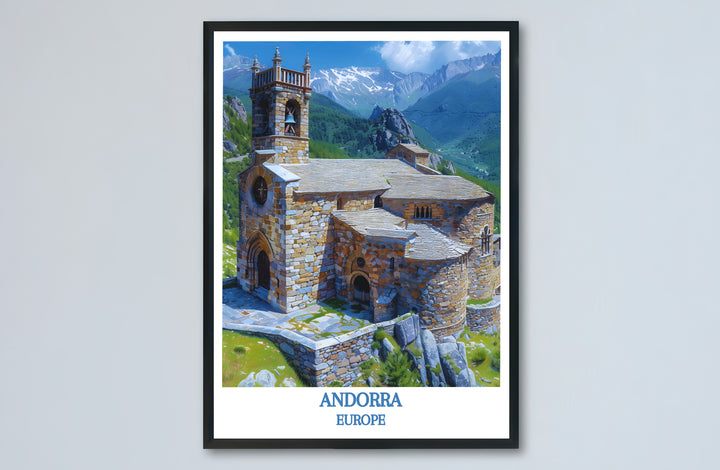 Bright sunlight illuminates mountain slopes surrounding Sant Joan de Caselles Church in Andorra in this poster print. MapYourDreams provides stylish framed, unframed, and canvas options for living room decor.