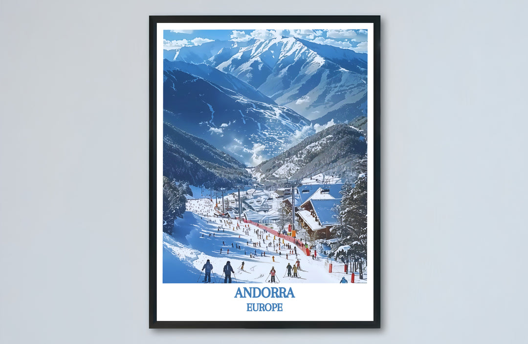 Bright alpine sunlight over snow-covered slopes at Vallnord Ski Resort in Andorra shines in this poster print. MapYourDreams provides stylish framed, unframed, and canvas options for room decor.