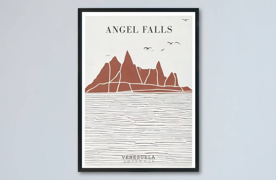 Architectural geometric mountain print showing the abstract contours and serene beauty of Angel Falls in South America. Designed by MapYourDreams to suit modern interiors, this piece comes in versatile choices like unframed paper, solid wood frames, and gallery canvas formats.