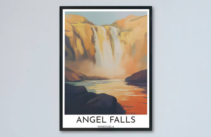 Architectural cliff and river landscape print showing the majestic height and glowing light of Angel Falls in Venezuela. Designed by MapYourDreams to suit modern interiors, this piece comes in versatile choices like unframed paper, solid wood frames, and gallery canvas formats.