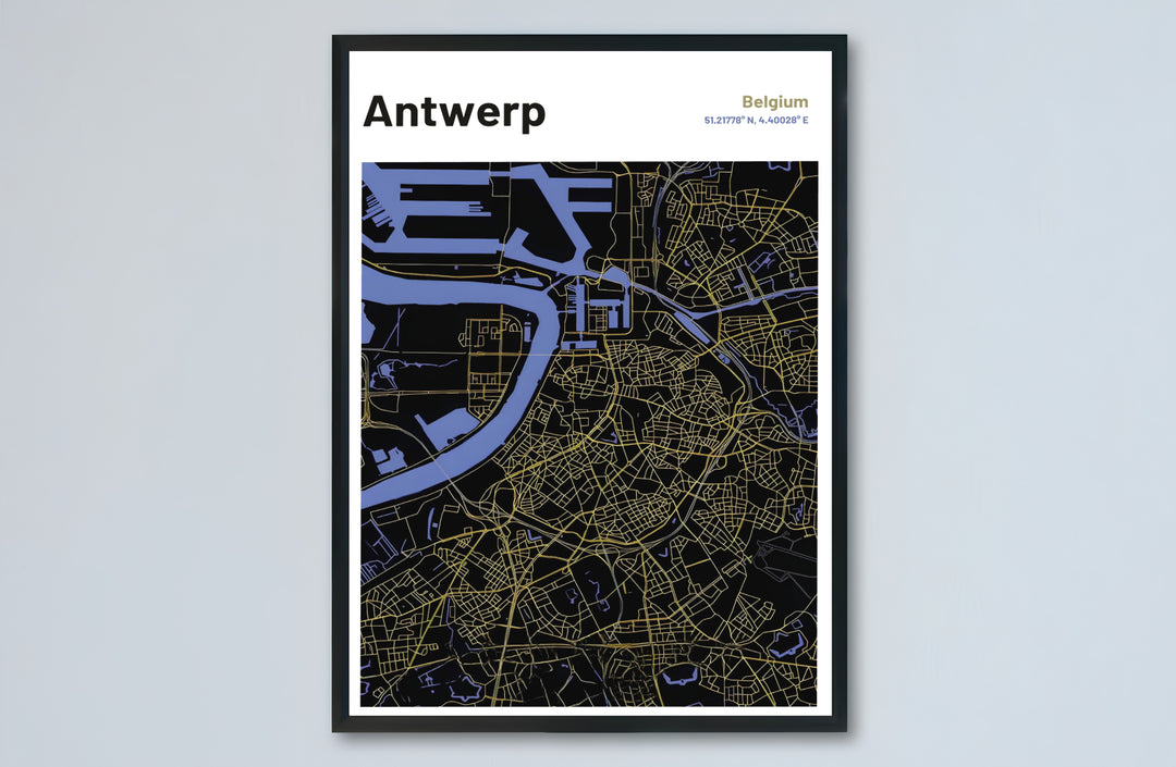 A stylish travel map poster capturing the Belgian city of Antwerp, highlighting its flowing river system and dense road map in high-end gold linework. Available formats include unframed archival paper, custom-built wooden frames, and gallery wrapped canvas styles.
